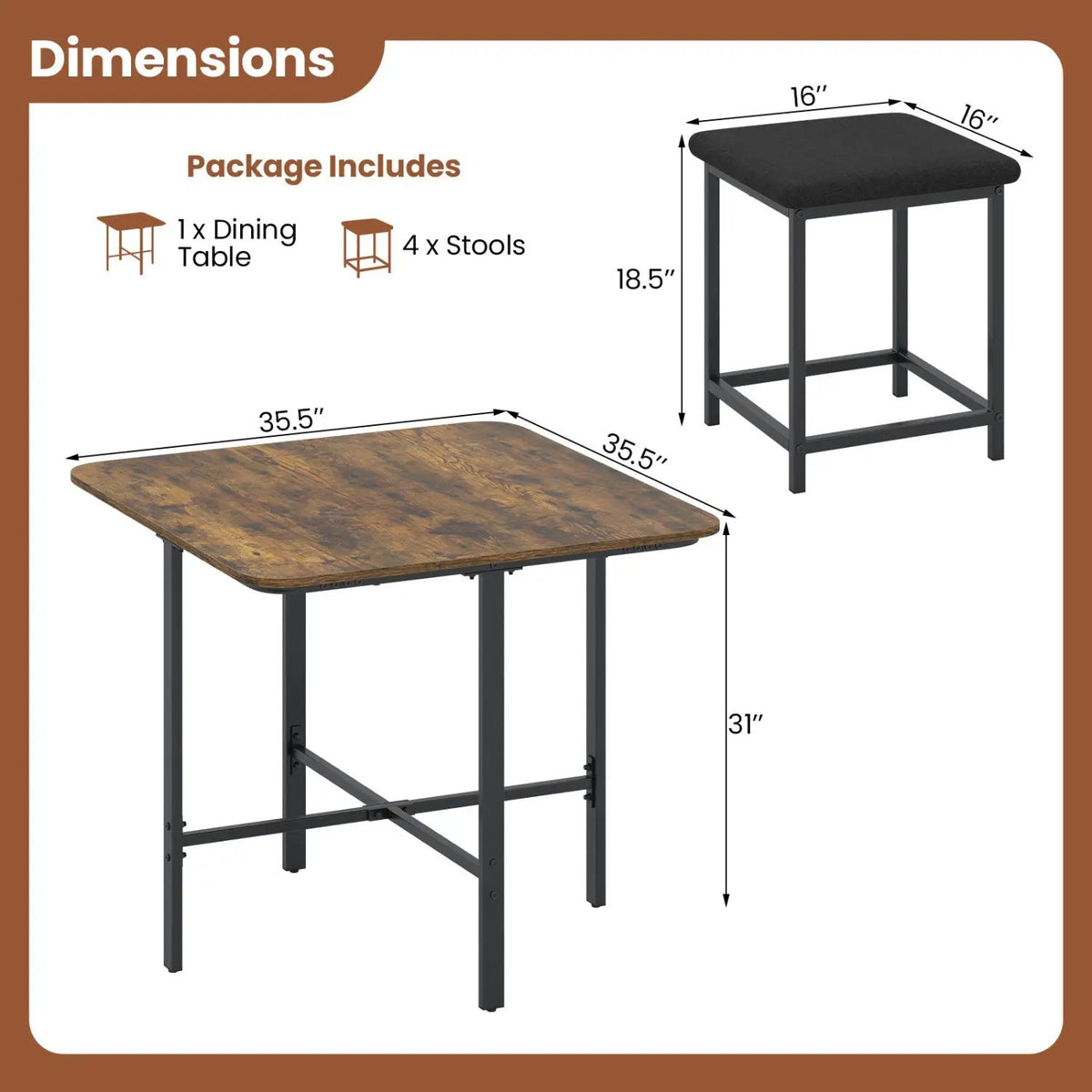 5-Piece Dining Table Set with 4 Upholstered Stools, photo 5 of 24