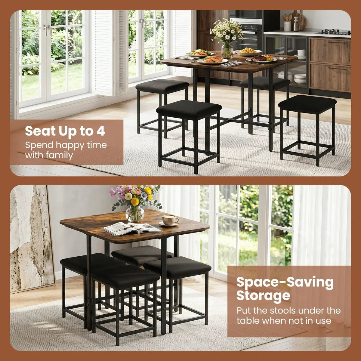 5-Piece Dining Table Set with 4 Upholstered Stools, photo 7 of 24