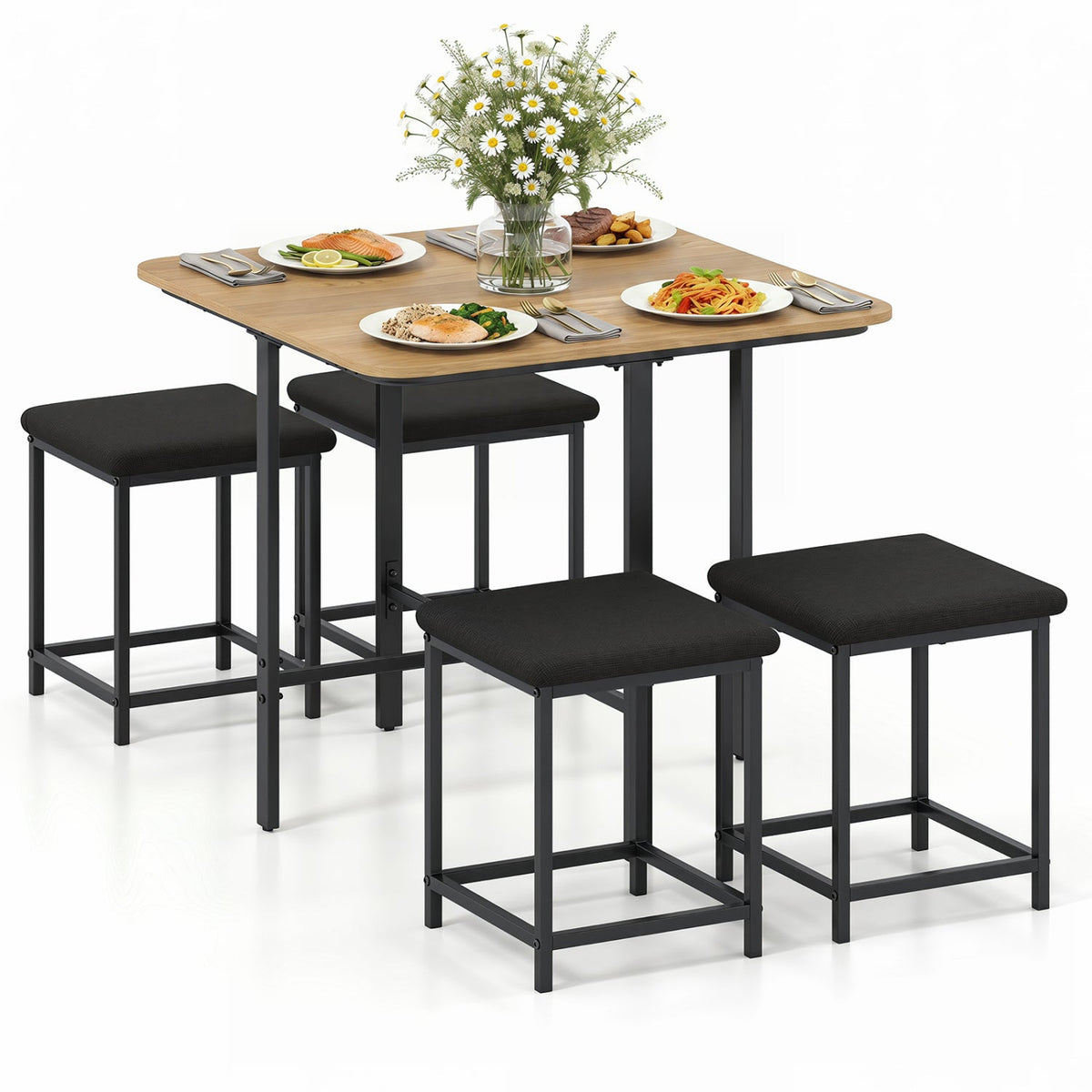 5-Piece Dining Table Set with 4 Upholstered Stools, photo 12 of 24