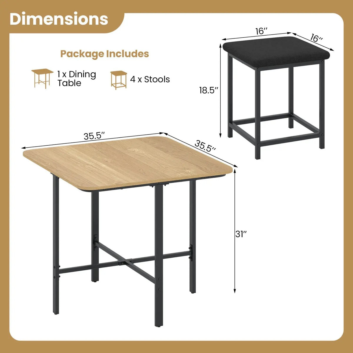 5-Piece Dining Table Set with 4 Upholstered Stools, photo 13 of 24