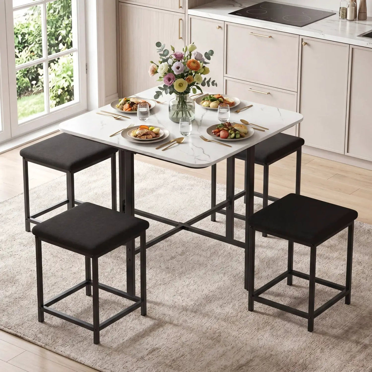 5-Piece Dining Table Set with 4 Upholstered Stools, photo 17 of 24