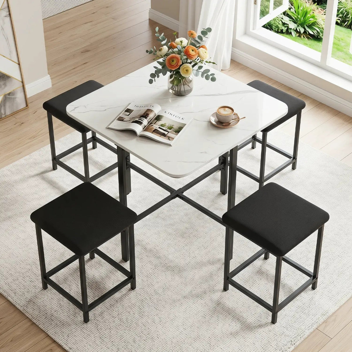 5-Piece Dining Table Set with 4 Upholstered Stools, photo 22 of 24