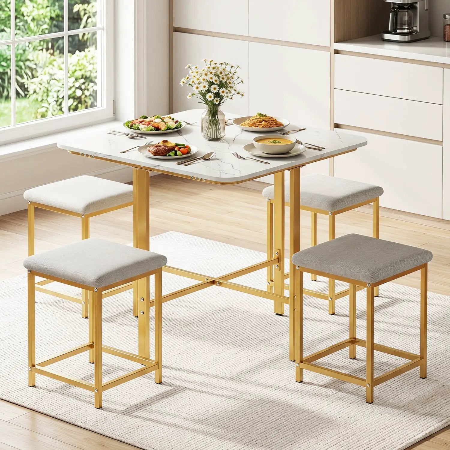 5-Piece Dining Table Set with 4 Upholstered Stools by DirectDeals
