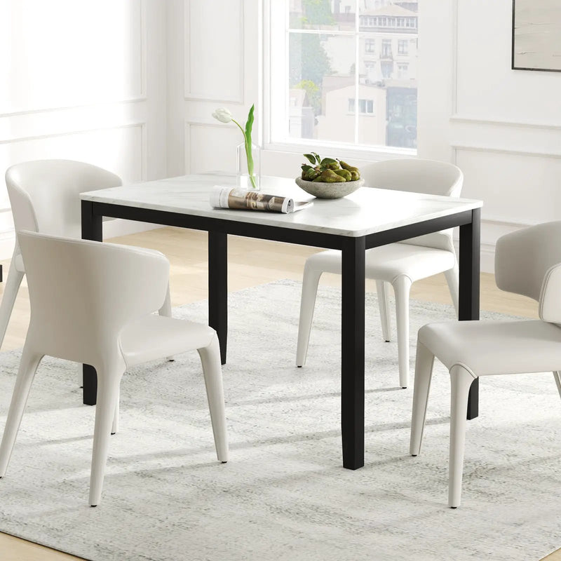 45 Inch Rectangular Mid Century Dining Table with Faux Marble Tabletop for 4 People-Black & White by DirectDeals