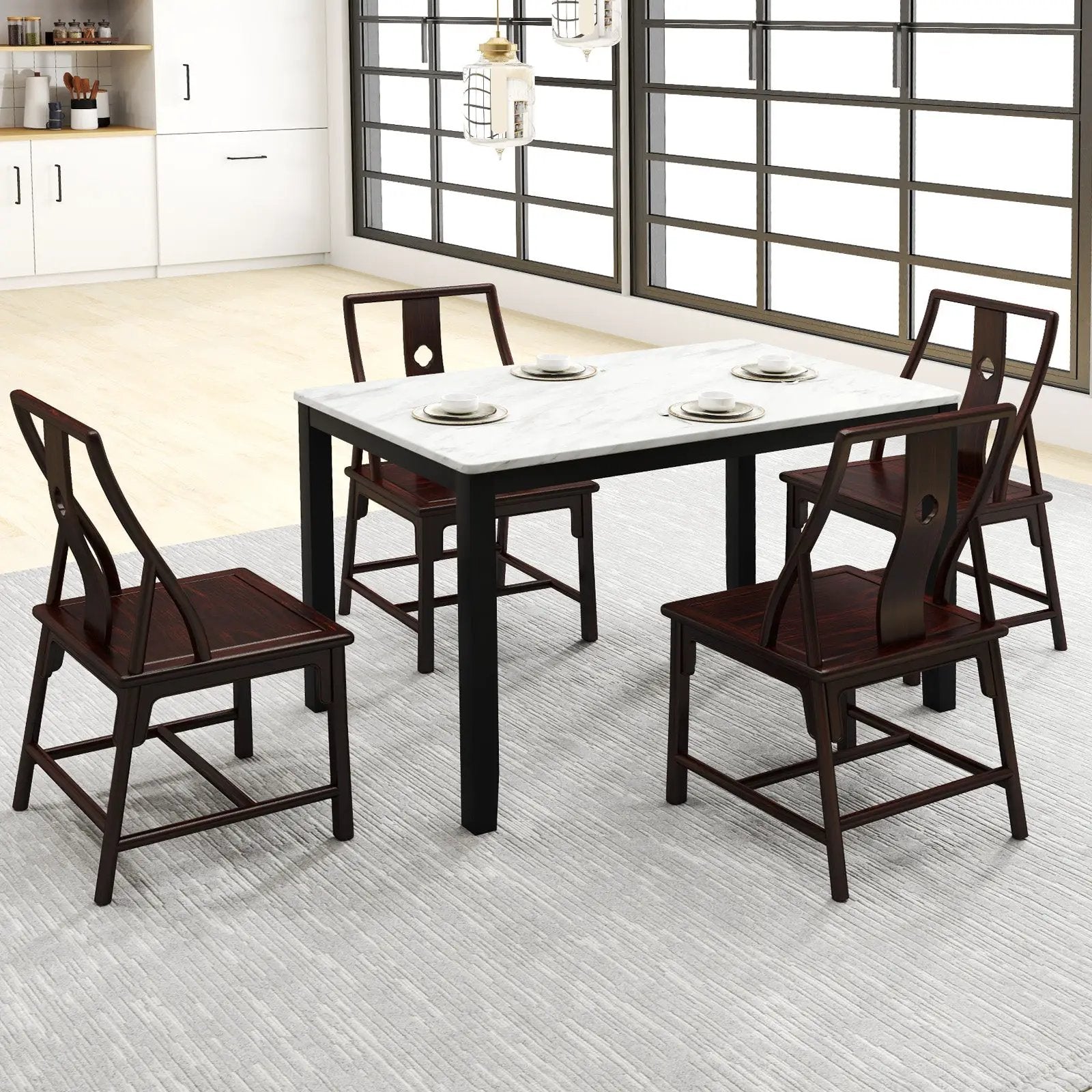 45 Inch Rectangular Mid Century Dining Table with Faux Marble Tabletop for 4 People-Black & White by DirectDeals