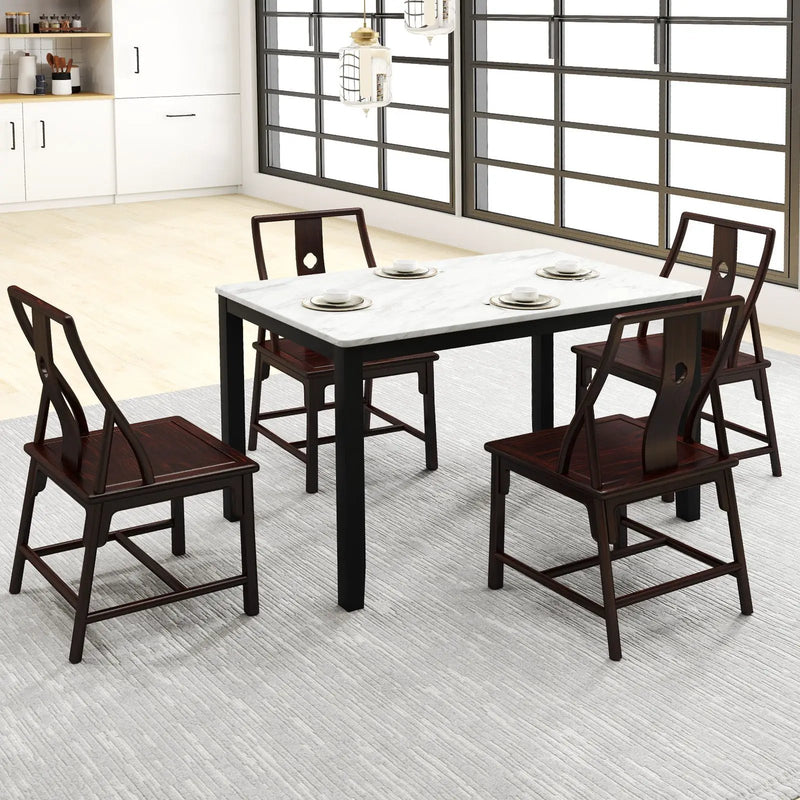 45 Inch Rectangular Mid Century Dining Table with Faux Marble Tabletop for 4 People-Black & White by DirectDeals