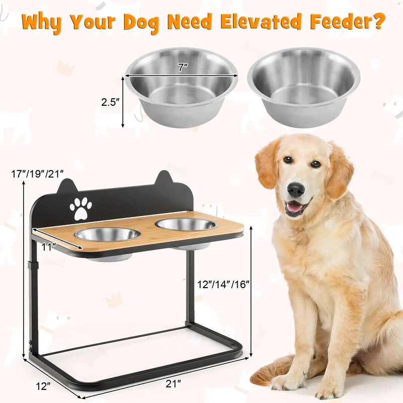 Dog Bowl Stand with 2 Stainless Steel Food Water Bowls by DirectDeals
