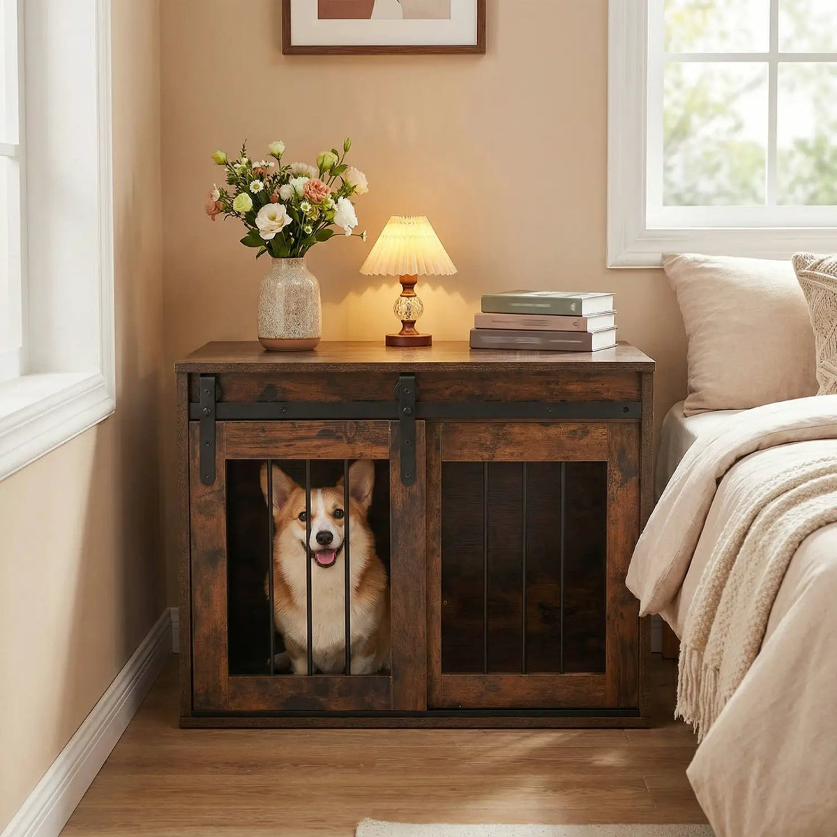 Dog Crate Furniture Heavy Duty Dog Kennel with Sliding Barn Door, packed in its shipping crate 4