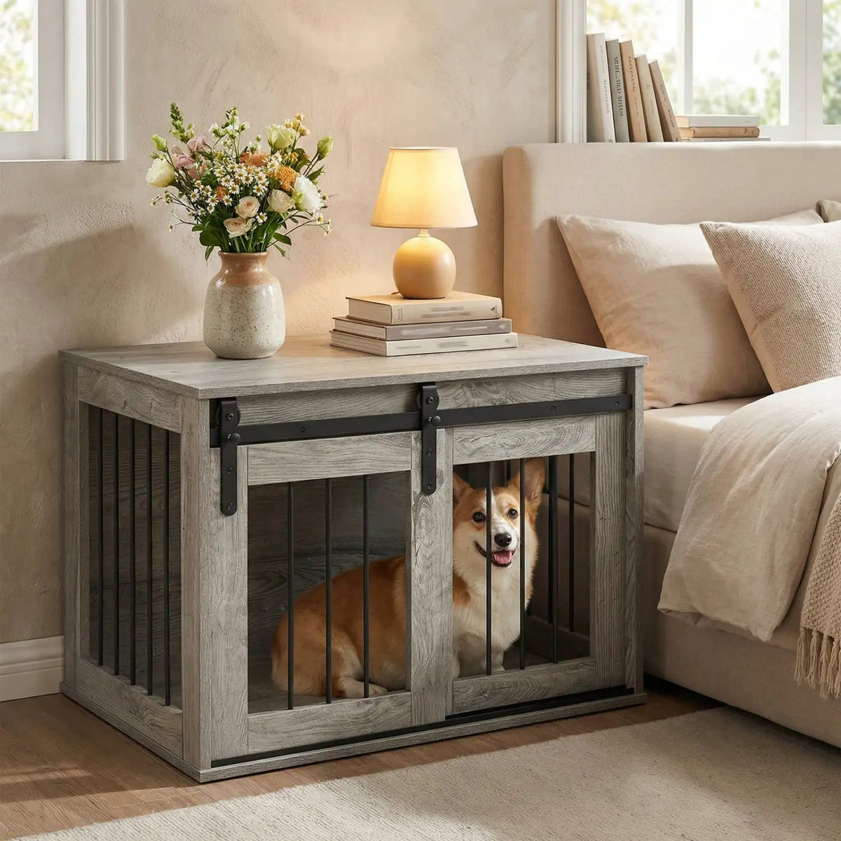Dog Crate Furniture Heavy Duty Dog Kennel with Sliding Barn Door, packed in its shipping crate 16