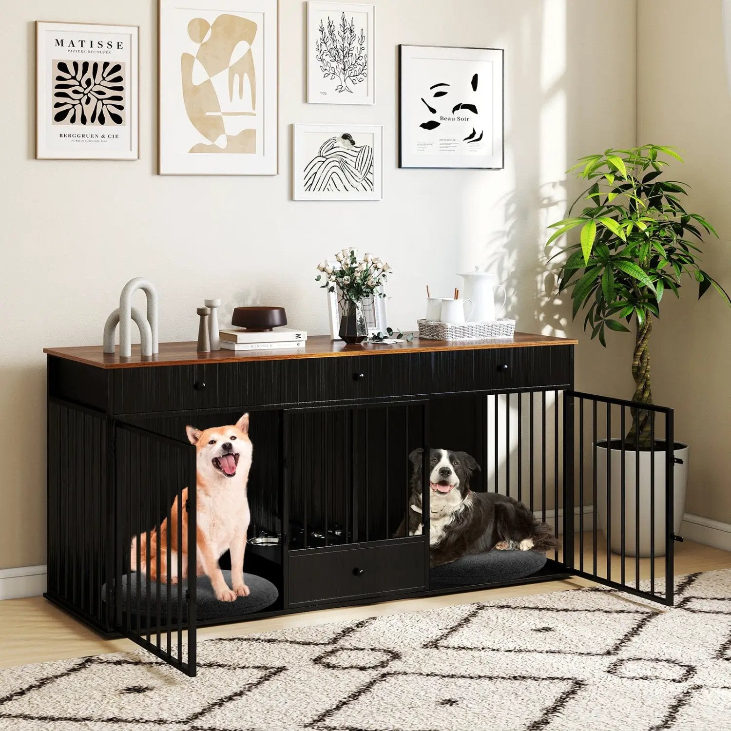 Dog Crate Furniture Indoor Modern Dog Kennel with Divider 3 Drawers and Pull-out Feeder by DirectDeals