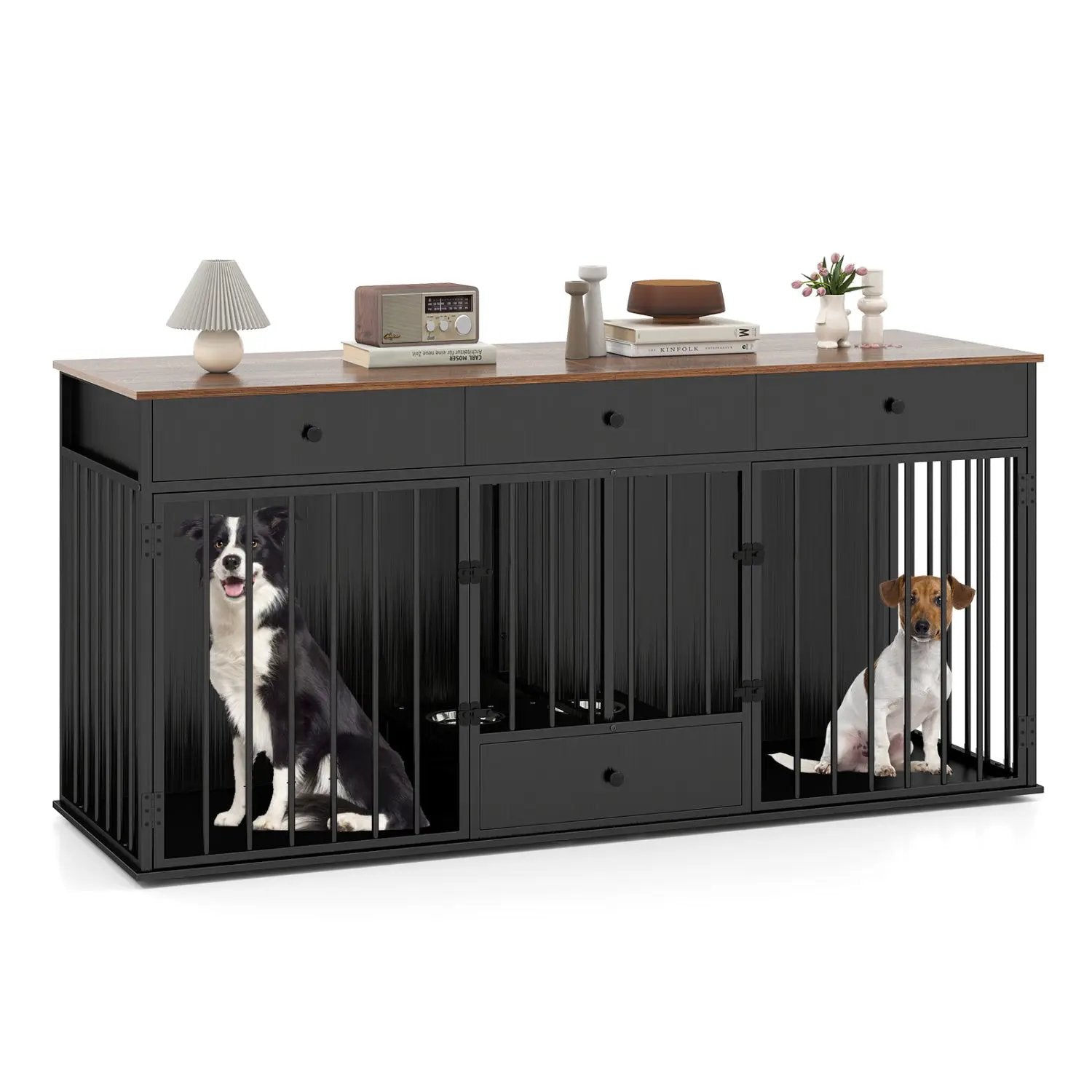 Dog Crate Furniture Indoor Modern Dog Kennel with Divider 3 Drawers and Pull-out Feeder by DirectDeals