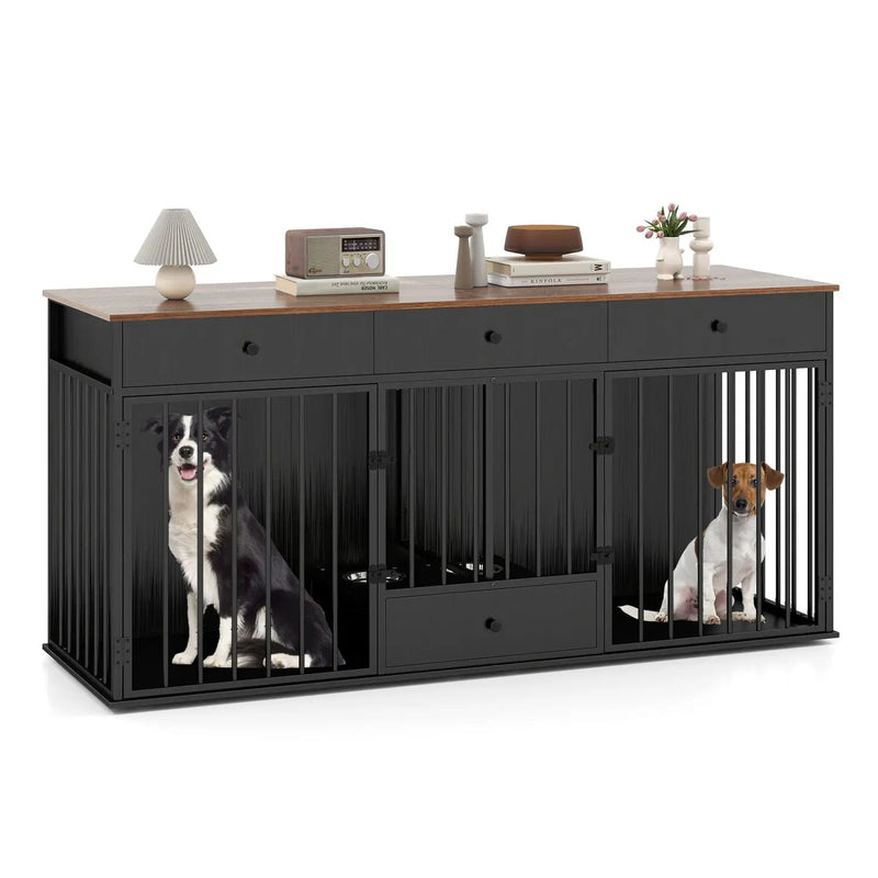 Dog Crate Furniture Indoor Modern Dog Kennel with Divider 3 Drawers and Pull-out Feeder by DirectDeals