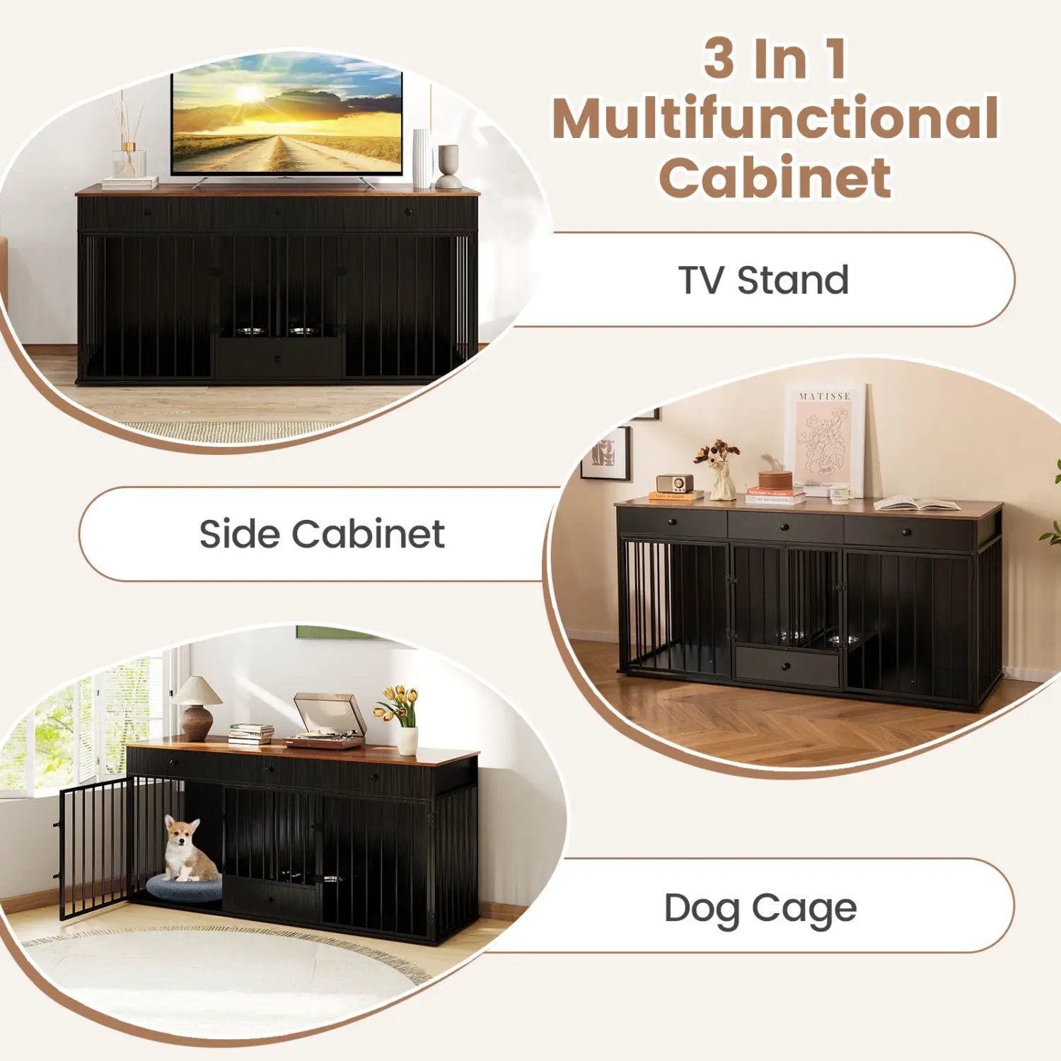 Dog Crate Furniture Indoor Modern Dog Kennel with Divider 3 Drawers and Pull-out Feeder by DirectDeals
