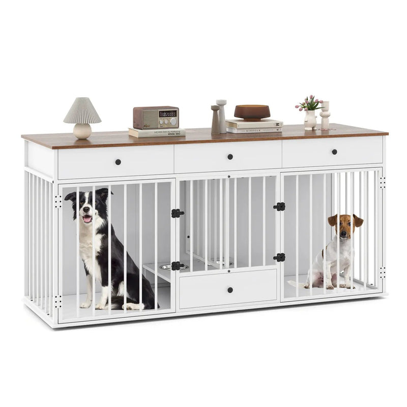 Dog Crate Furniture Indoor Modern Dog Kennel with Divider 3 Drawers and Pull-out Feeder by DirectDeals