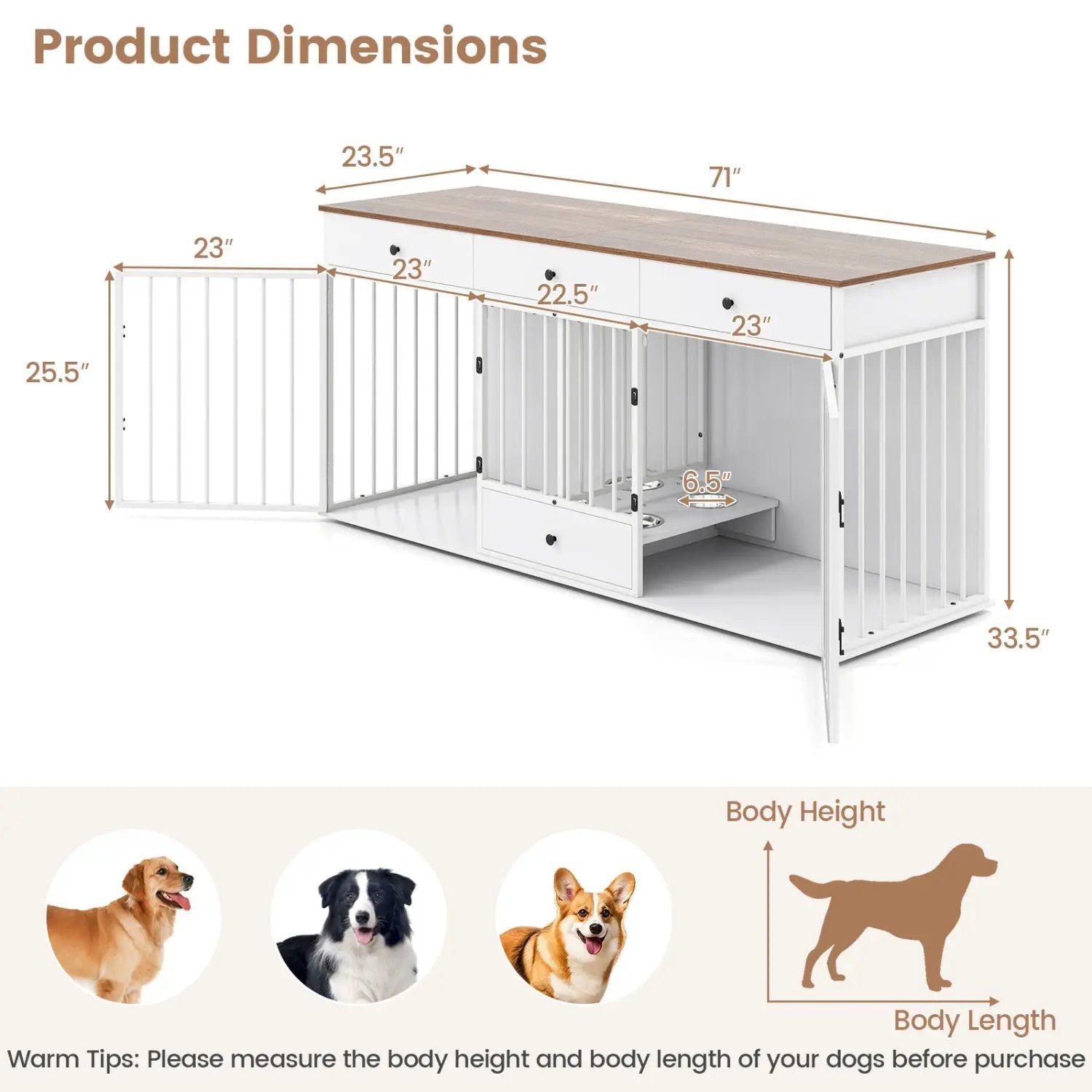 Dog Crate Furniture Indoor Modern Dog Kennel with Divider 3 Drawers and Pull-out Feeder by DirectDeals
