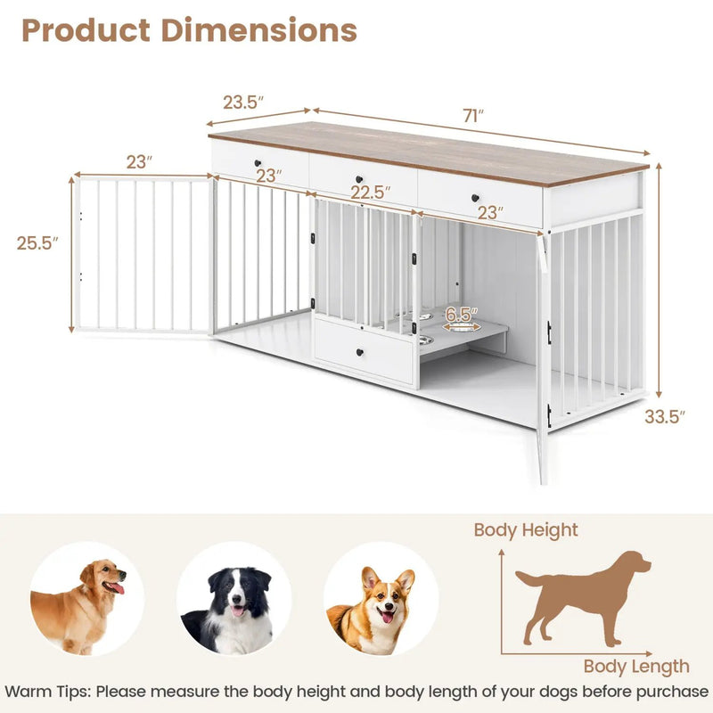 Dog Crate Furniture Indoor Modern Dog Kennel with Divider 3 Drawers and Pull-out Feeder by DirectDeals