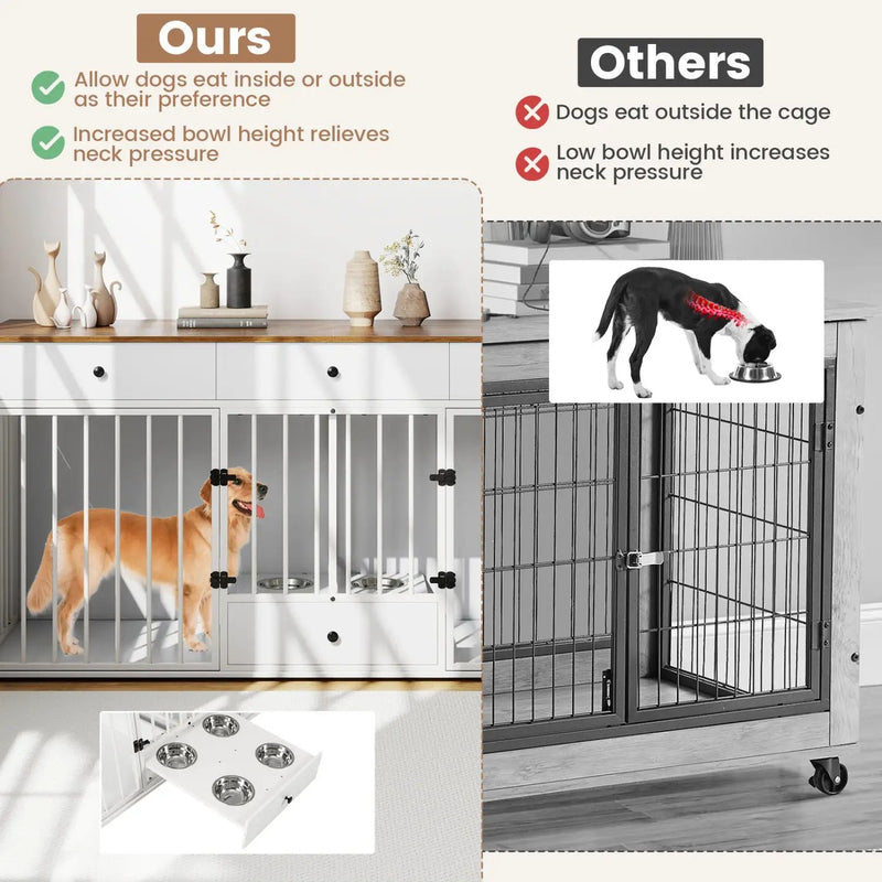 Dog Crate Furniture Indoor Modern Dog Kennel with Divider 3 Drawers and Pull-out Feeder by DirectDeals