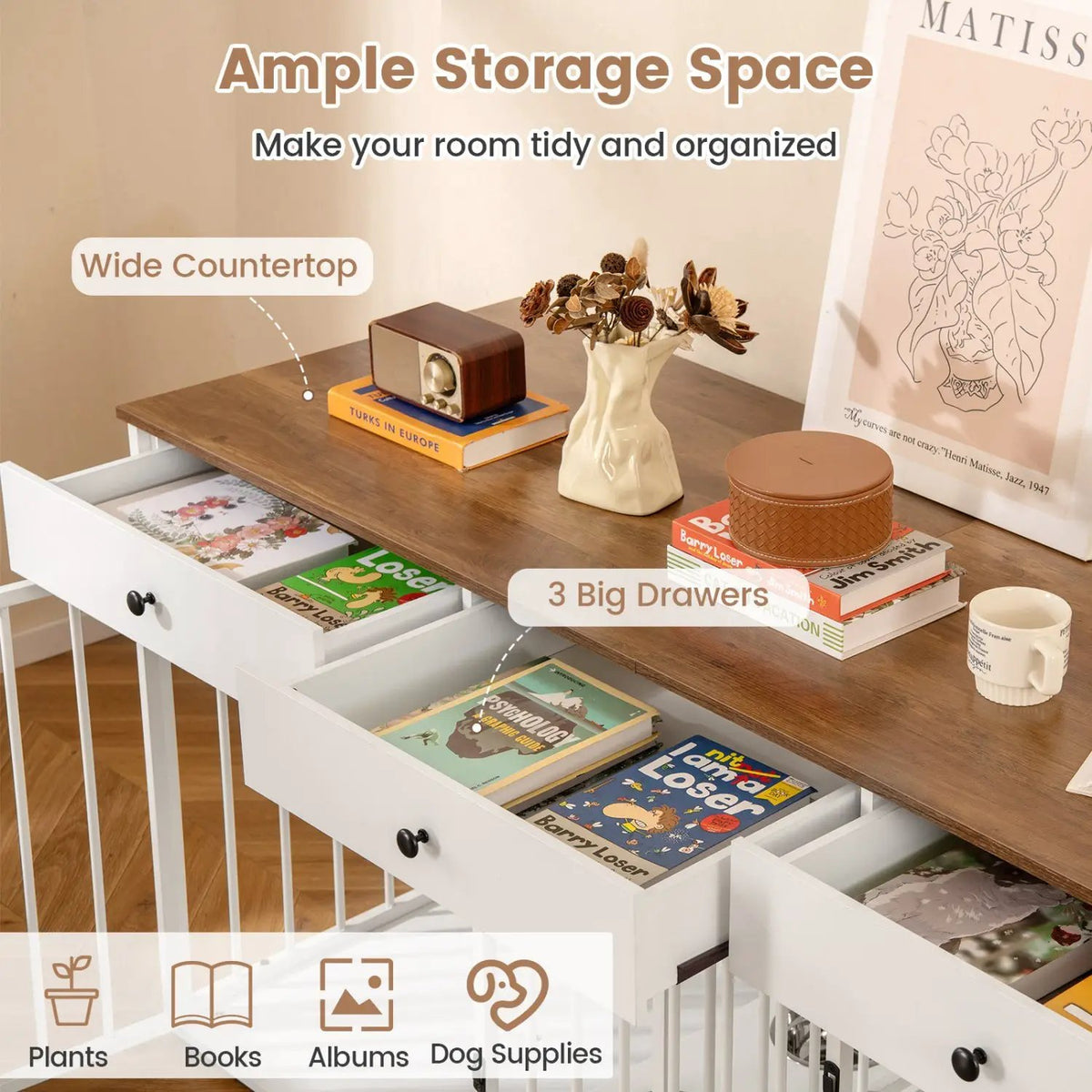 Dog Crate Furniture Indoor Modern Dog Kennel with Divider 3 Drawers and Pull-out Feeder, packed in its shipping crate 13