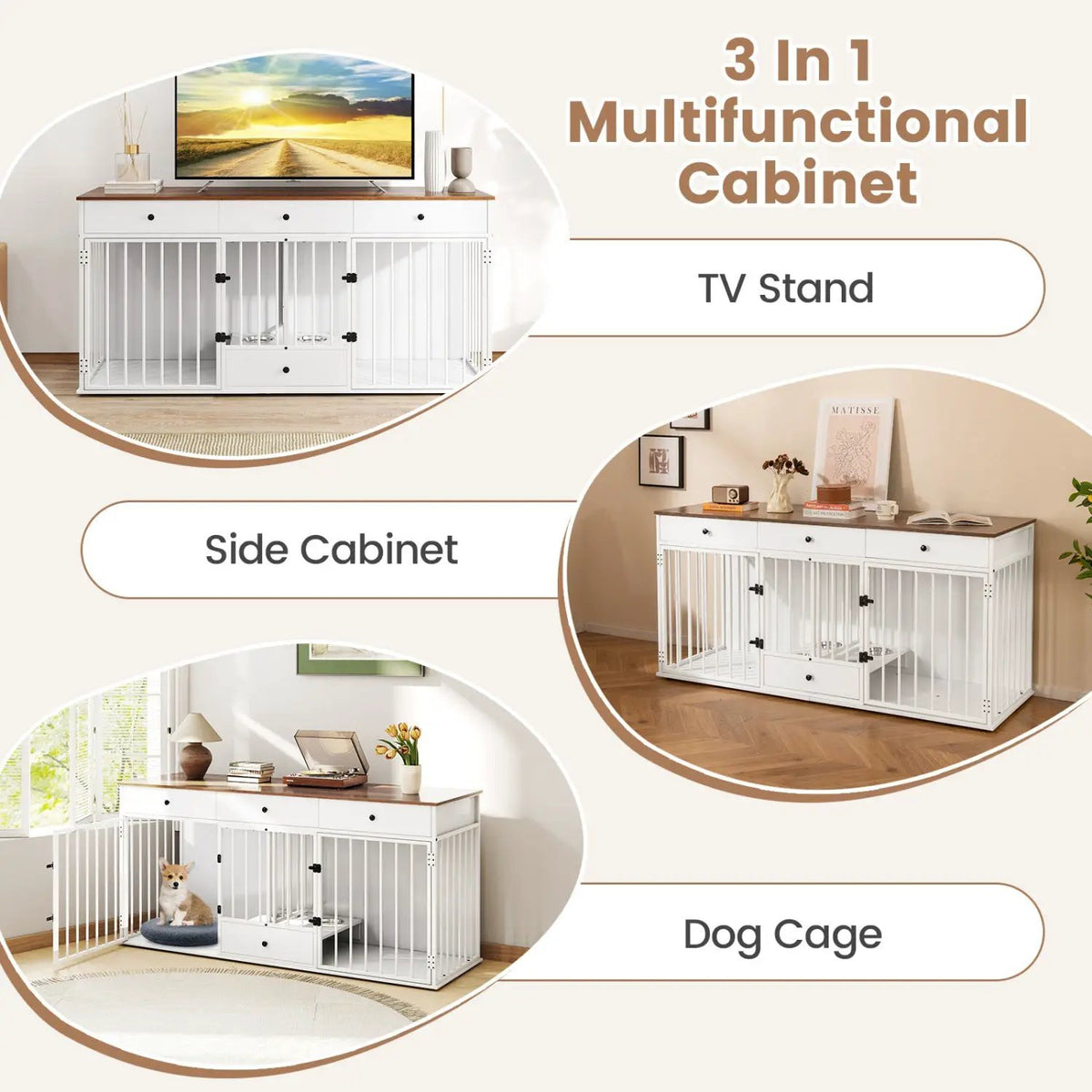 Dog Crate Furniture Indoor Modern Dog Kennel with Divider 3 Drawers and Pull-out Feeder, packed in its shipping crate 14