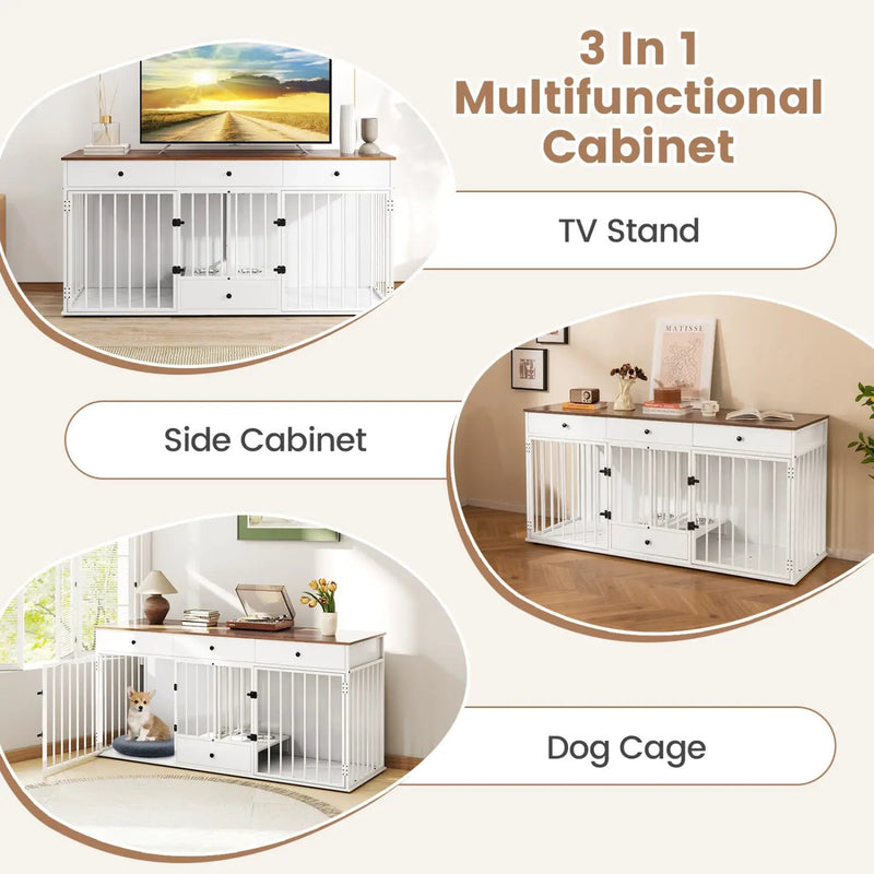 Dog Crate Furniture Indoor Modern Dog Kennel with Divider 3 Drawers and Pull-out Feeder by DirectDeals