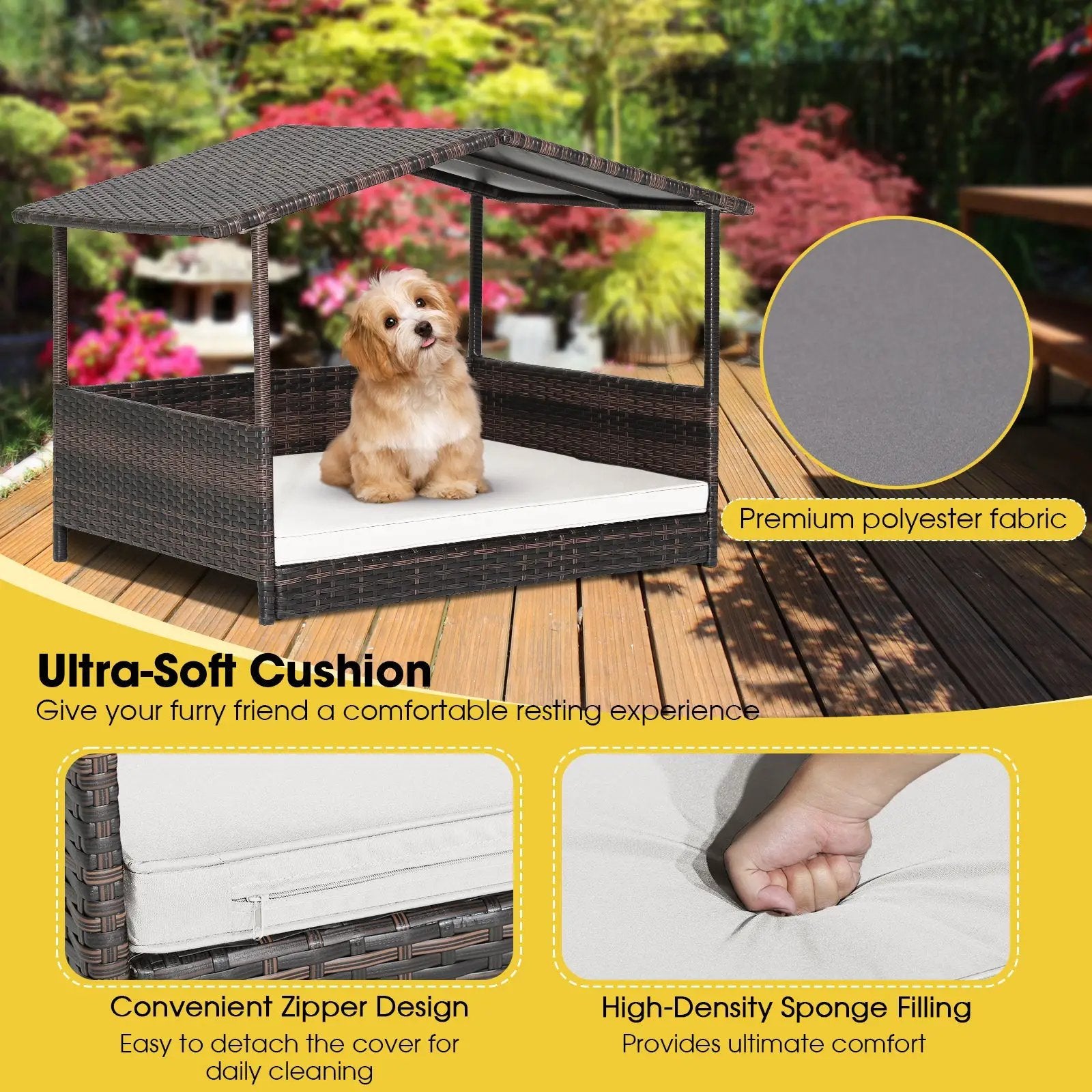 Wicker Dog House with Waterproof Roof and Washable Cushion Cover by DirectDeals