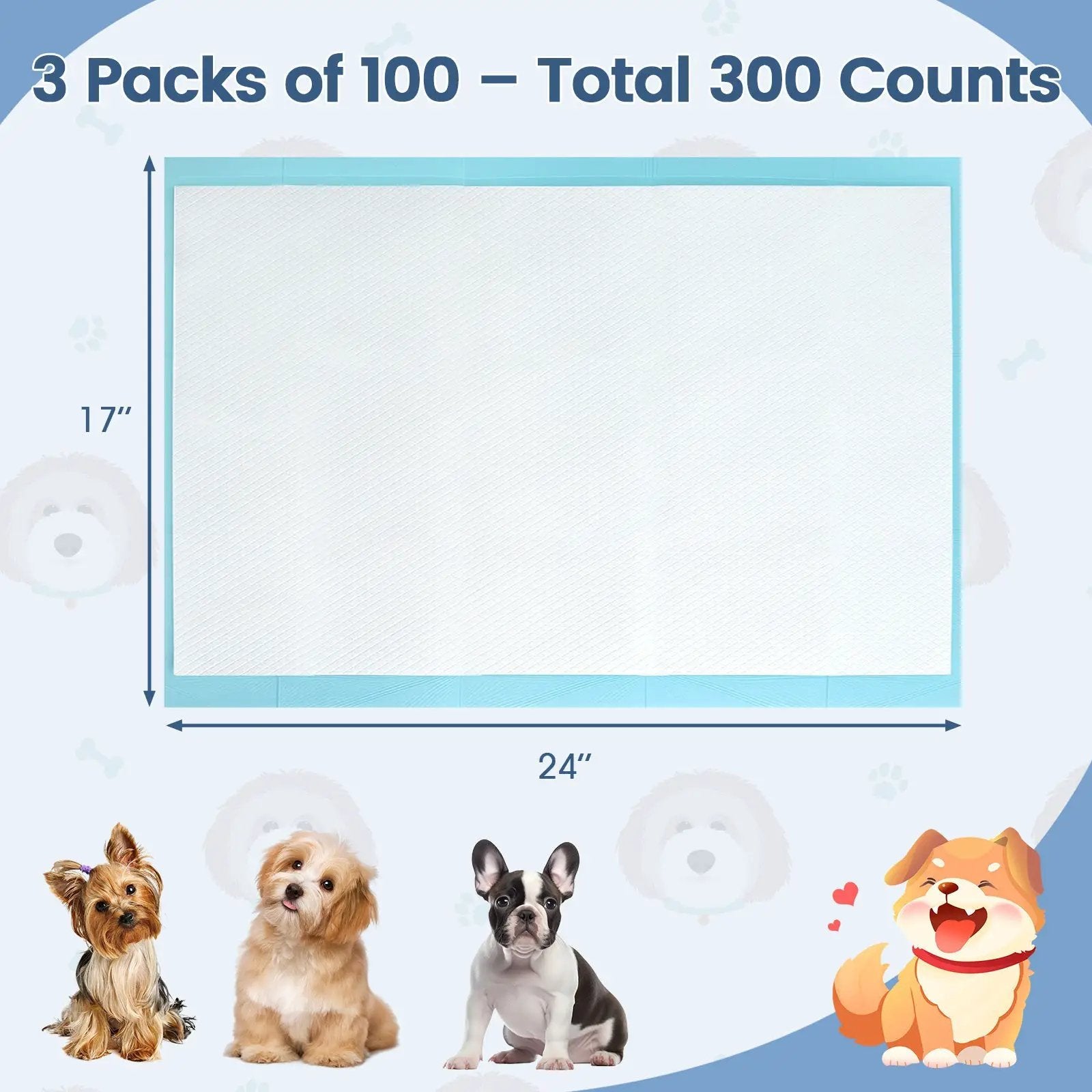 Dog and Puppy Pee Pads 24" x 17" (300 Counts) for Potty Training-Blue by DirectDeals