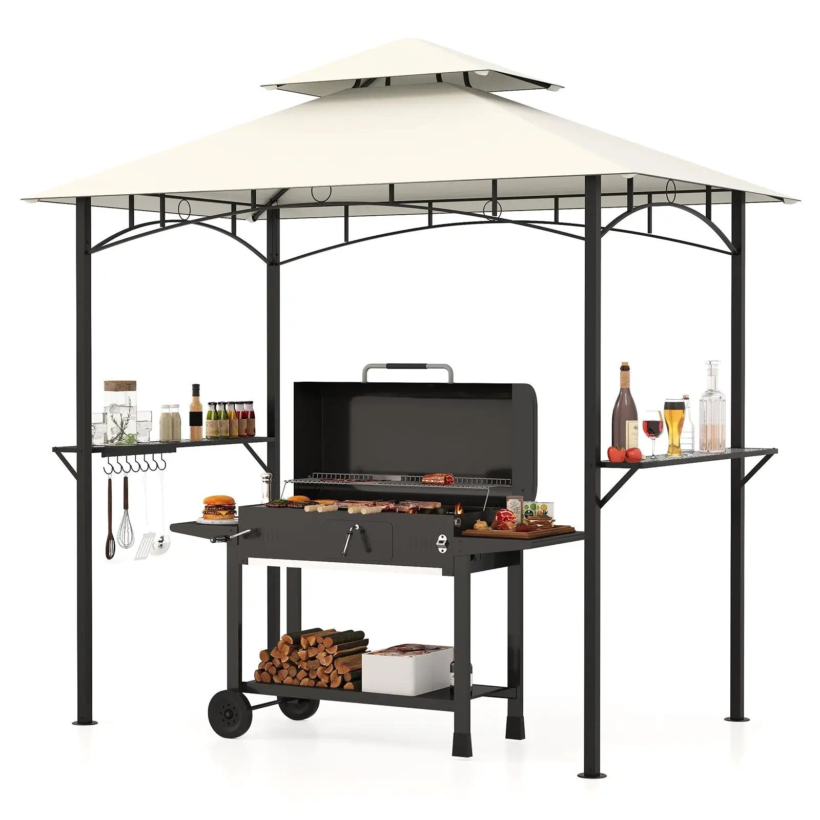 Outdoor Double-Tiered Grill Gazebo Canopy with 2 Shelves and 7 Hooks by DirectDeals