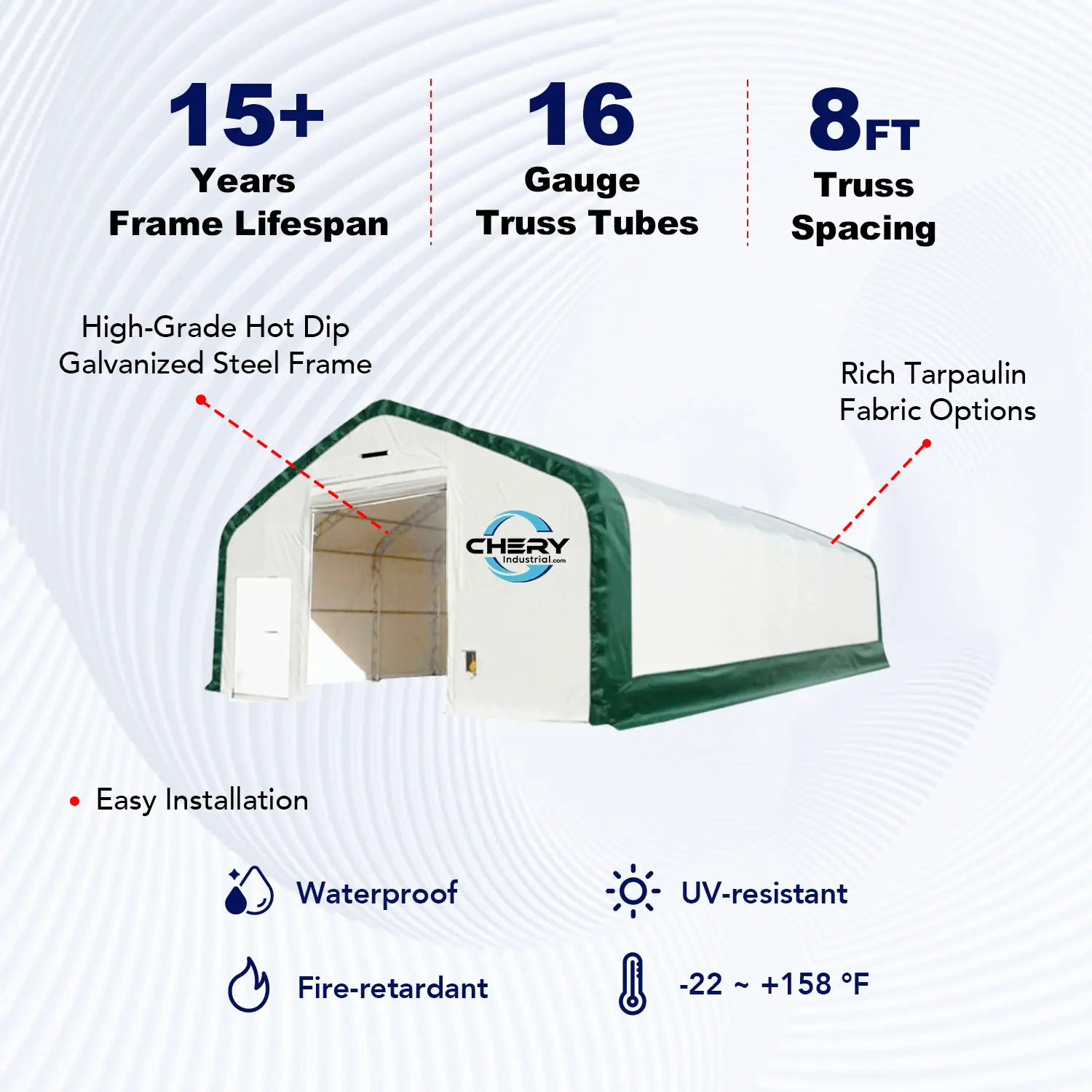W40'xL80'xH21' Double Truss Storage Shelter, 8' Truss Spacing by Chery Industrial