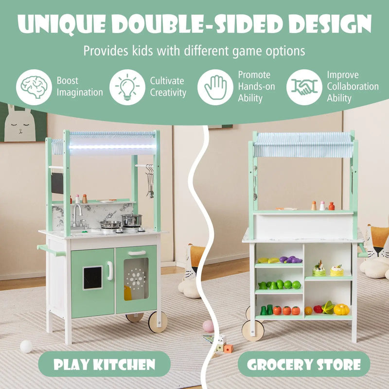 Double-sided Pretend Play Kitchen with Remote Control and LED Light Bars-Green by DirectDeals