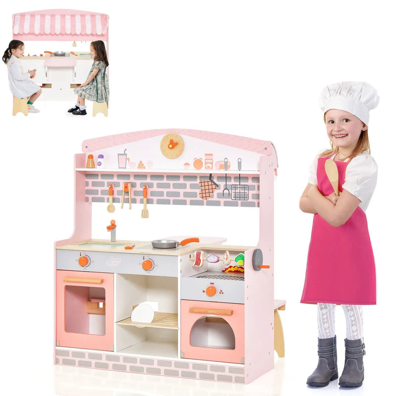 Double-Sided Kids Play Kitchen Set with Canopy and 2 Seats by DirectDeals