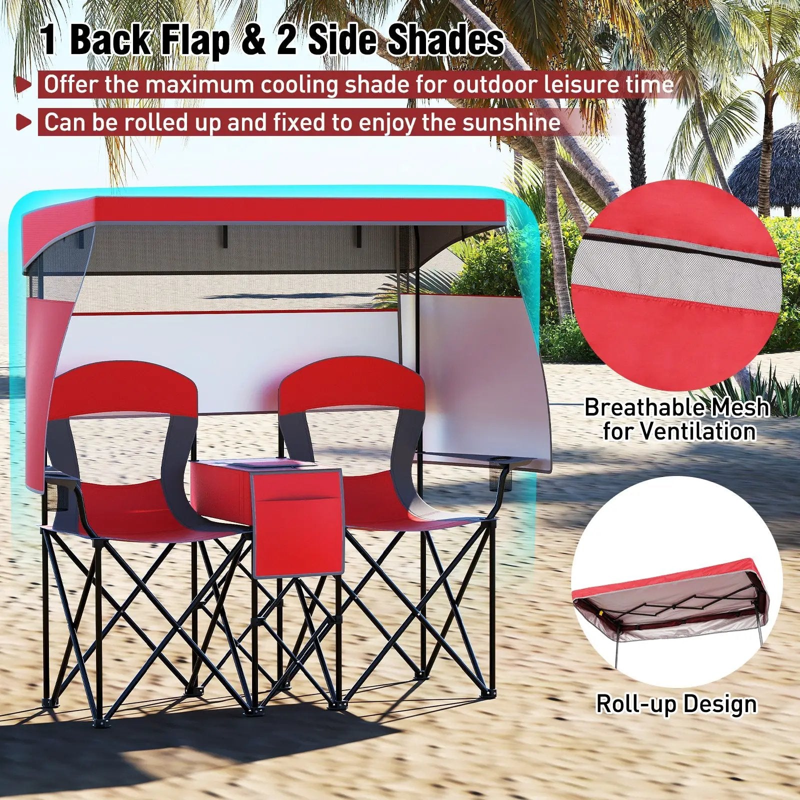 Double Beach Chair with Adjustable Canopy and 3 -Side Shading Curtains by DirectDeals