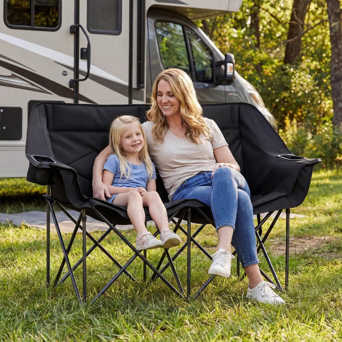 Double Camping Chair with Cup Holders Glass Racks and Mesh Pockets, photo 3 of 16