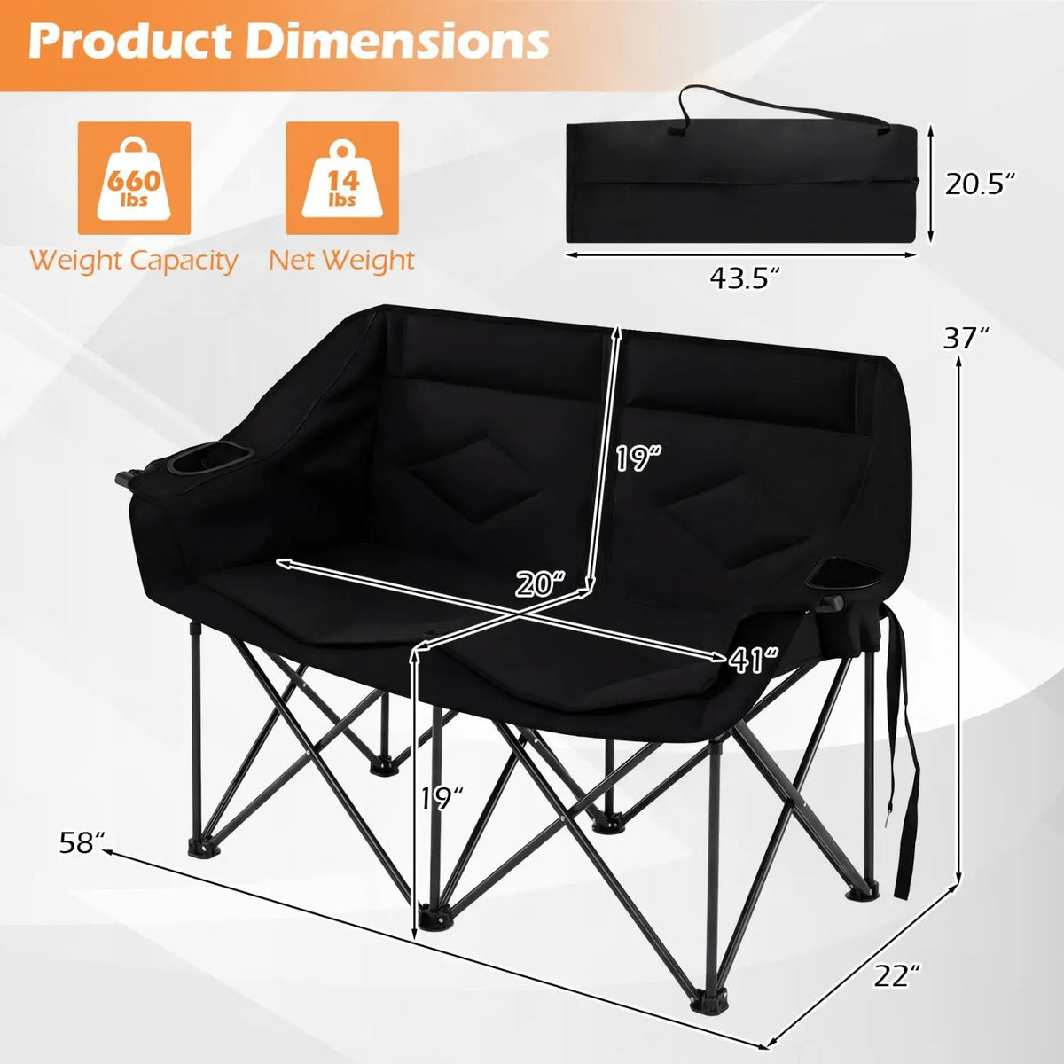 Double Camping Chair with Cup Holders Glass Racks and Mesh Pockets, photo 4 of 16