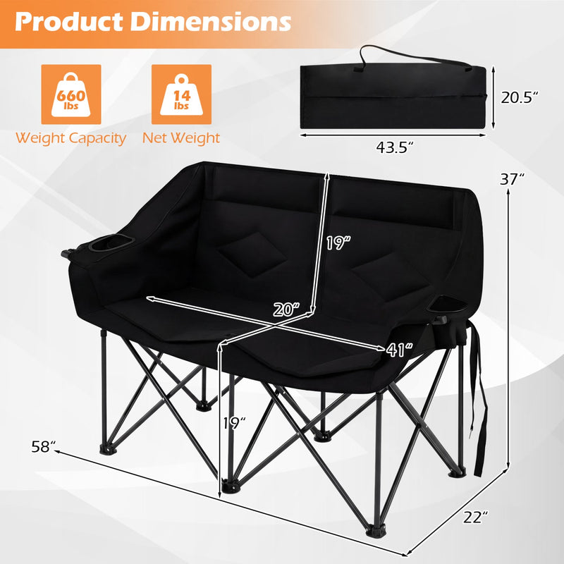 Double Camping Chair with Cup Holders Glass Racks and Mesh Pockets by DirectDeals