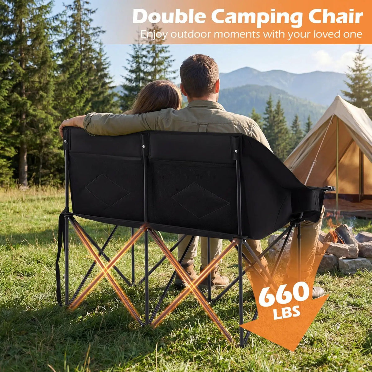 Double Camping Chair with Cup Holders Glass Racks and Mesh Pockets, photo 14 of 16
