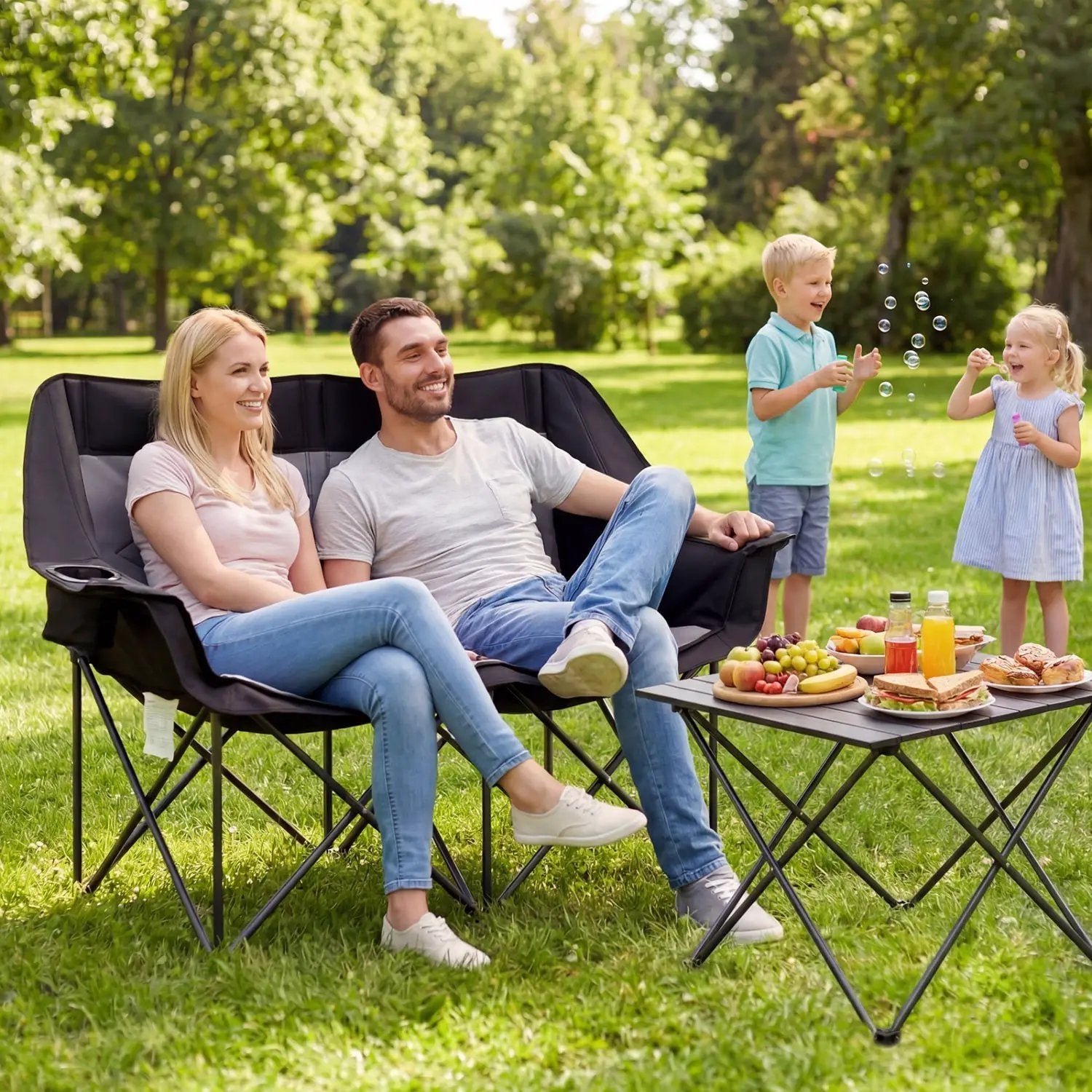 Double Camping Chair with Cup Holders Glass Racks and Mesh Pockets by DirectDeals