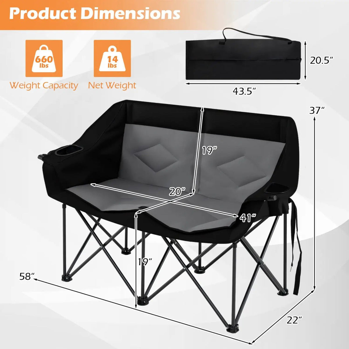 Double Camping Chair with Cup Holders Glass Racks and Mesh Pockets, photo 11 of 16