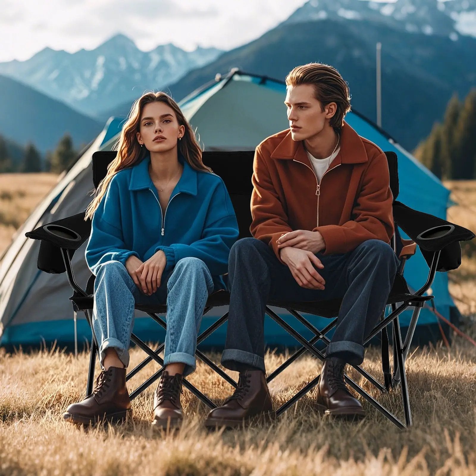 Double Camping Chair 2-Person Outdoor Folding Loveseat with Cup Holders by DirectDeals