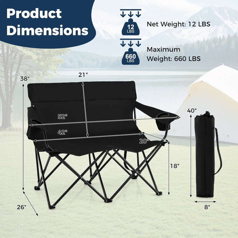Double Camping Chair 2-Person Outdoor Folding Loveseat with Cup Holders by DirectDeals