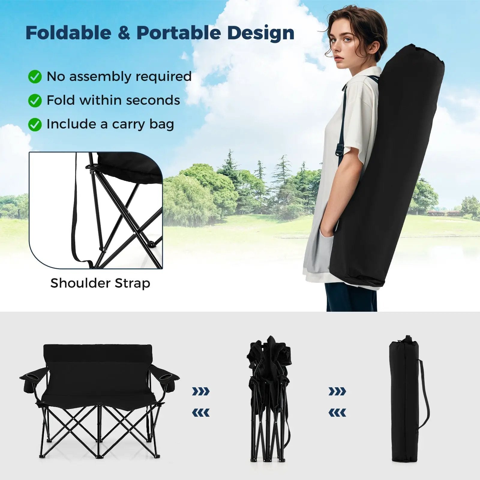 Double Camping Chair 2-Person Outdoor Folding Loveseat with Cup Holders by DirectDeals