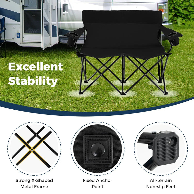 Double Camping Chair 2-Person Outdoor Folding Loveseat with Cup Holders by DirectDeals