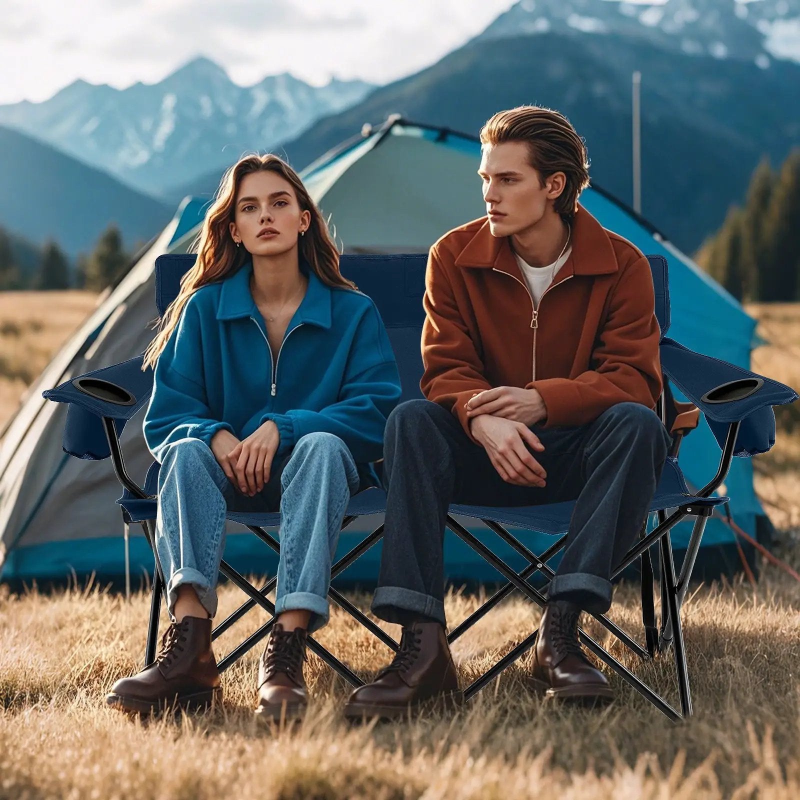 Double Camping Chair 2-Person Outdoor Folding Loveseat with Cup Holders by DirectDeals