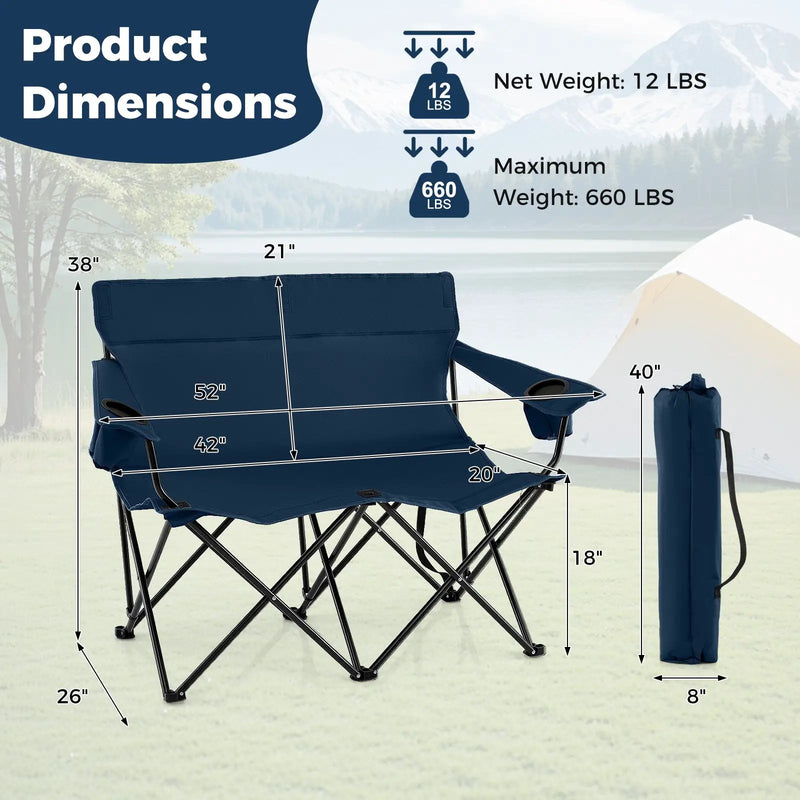 Double Camping Chair 2-Person Outdoor Folding Loveseat with Cup Holders by DirectDeals