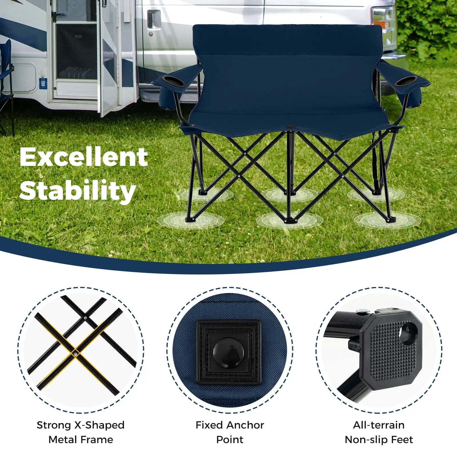 Double Camping Chair 2-Person Outdoor Folding Loveseat with Cup Holders by DirectDeals