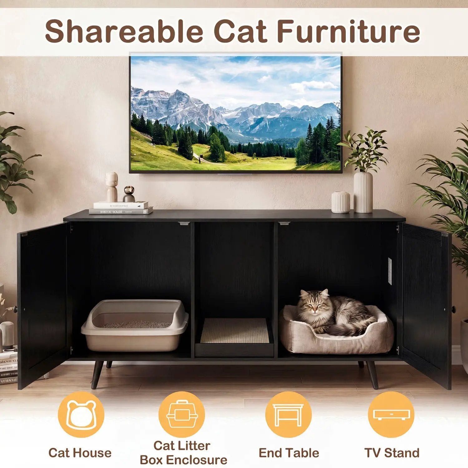 Double Cat Litter Box Enclosure with Scratching Pad by DirectDeals