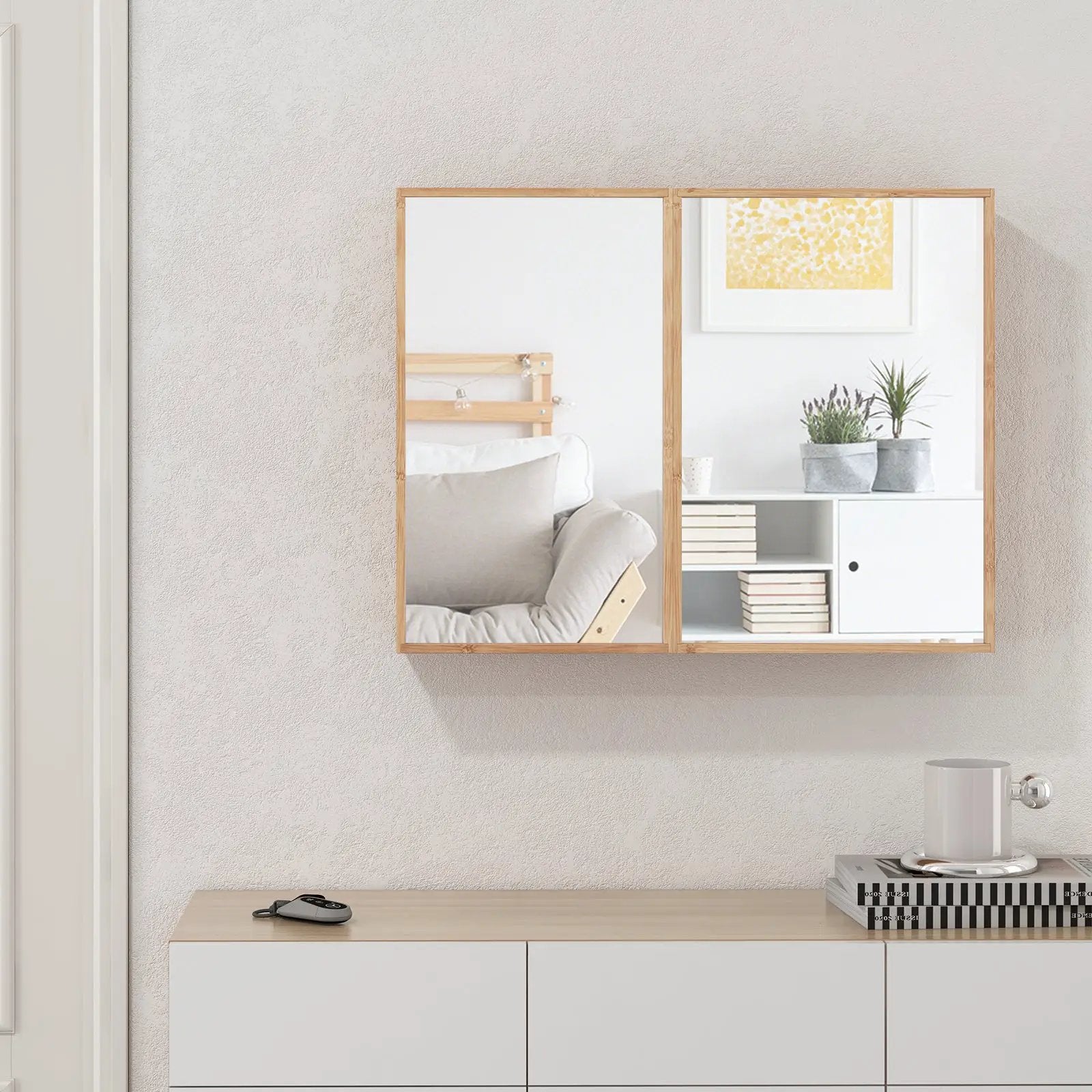 Double Door Bathroom Wall Cabinet with Mirror and Adjustable Shelves-Natural by DirectDeals