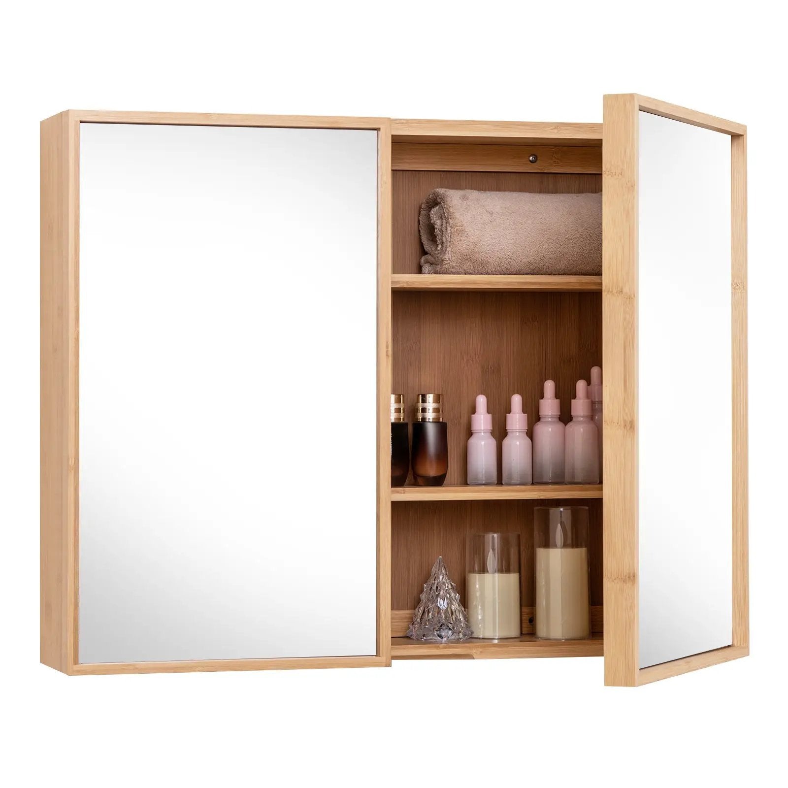 Double Door Bathroom Wall Cabinet with Mirror and Adjustable Shelves-Natural by DirectDeals