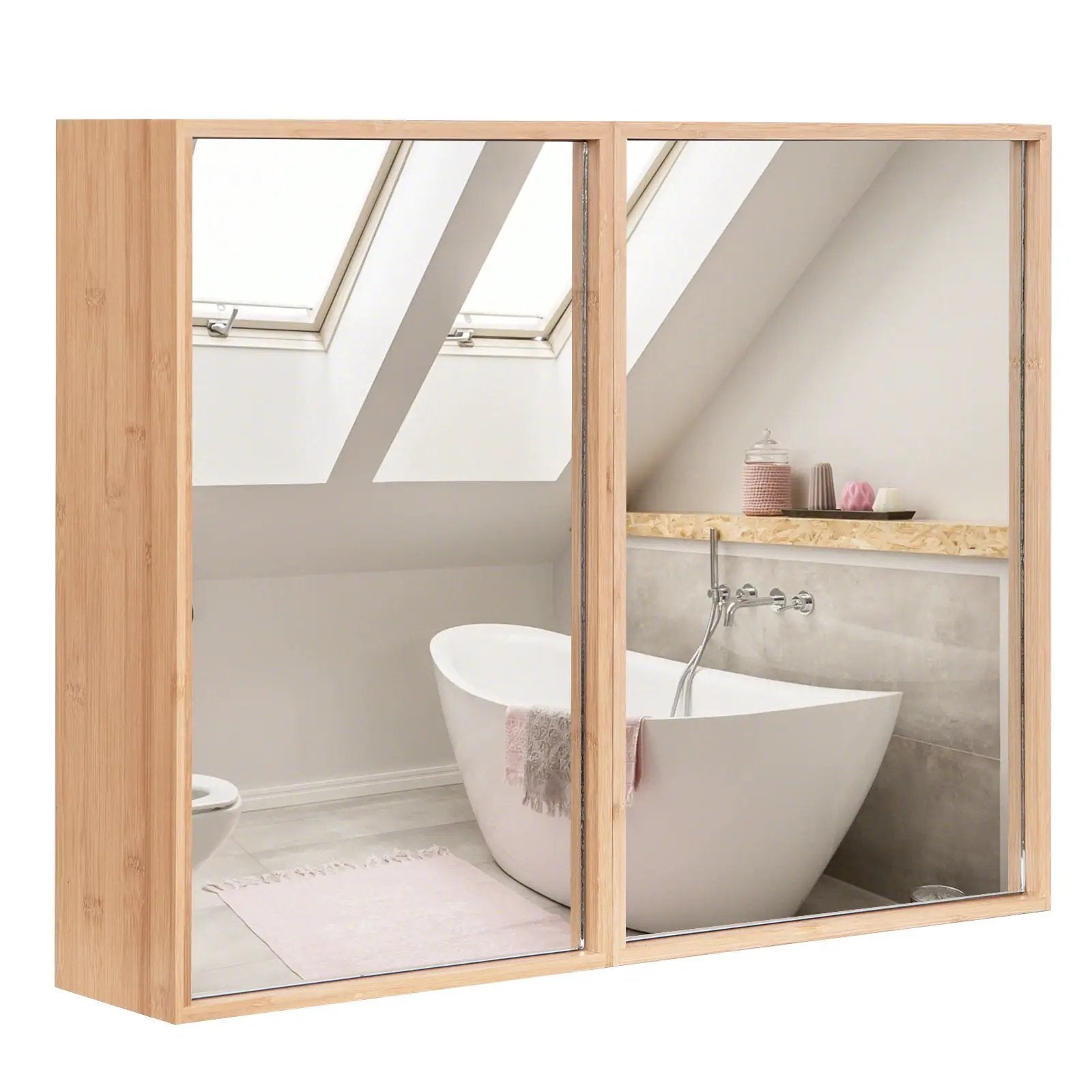 Double Door Bathroom Wall Cabinet with Mirror and Adjustable Shelves-Natural by DirectDeals