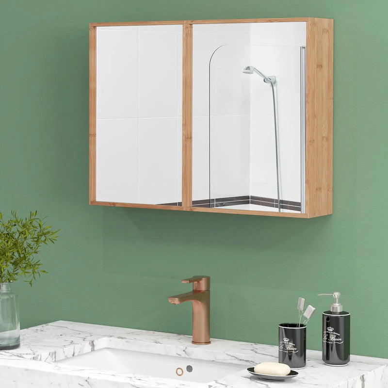 Double Door Bathroom Wall Cabinet with Mirror and Adjustable Shelves-Natural by DirectDeals