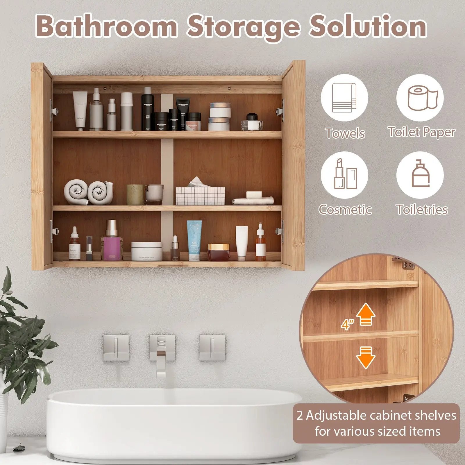 Double Door Bathroom Wall Cabinet with Mirror and Adjustable Shelves-Natural by DirectDeals